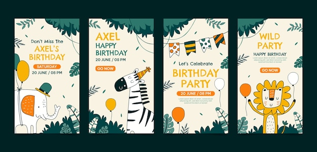 Vetor histórias do instagram de festa de aniversário da selva de design plano