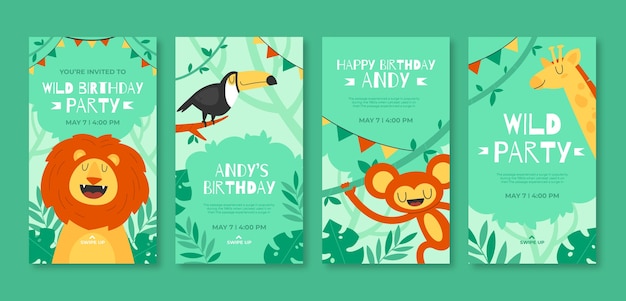 Vetor histórias do instagram de festa de aniversário de selva de design plano