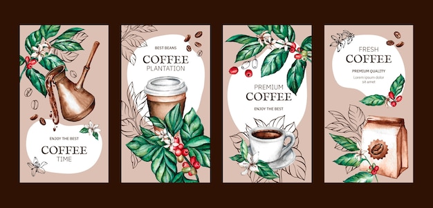 Vetor histórias do instagram de plantação de café em aquarela