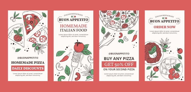 Vetor histórias do instagram de restaurante italiano desenhadas à mão