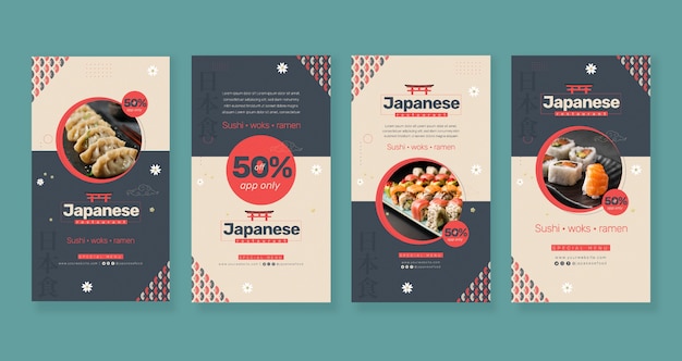 Histórias do instagram de restaurante japonês de design plano