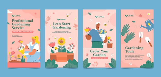 Histórias do instagram de trabalho de jardinagem desenhada à mão