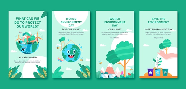 Vetor histórias do instagram do dia mundial do meio ambiente de design plano