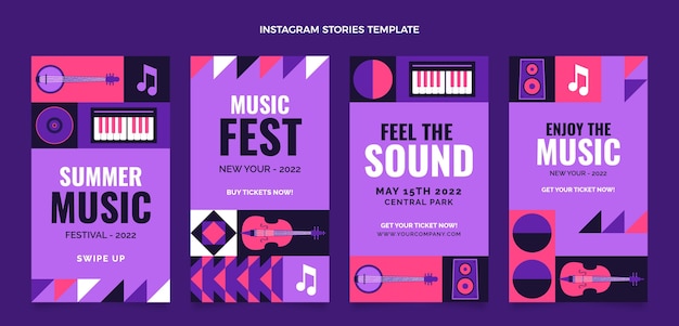 Vetor histórias instagram de festival de música em mosaico estilo simples