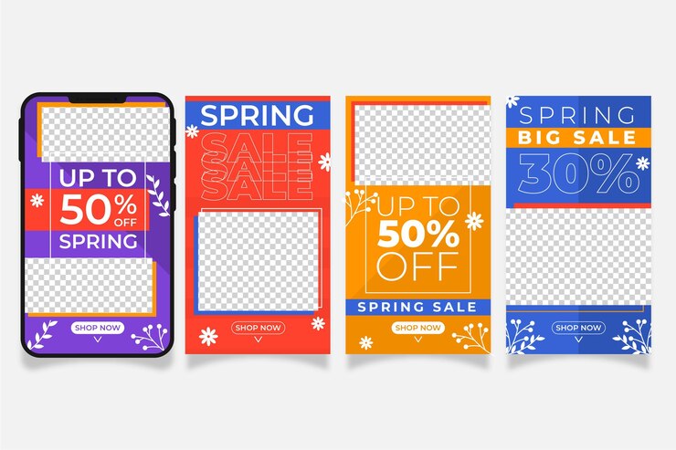 Vetor histórias instagram de promoções de primavera