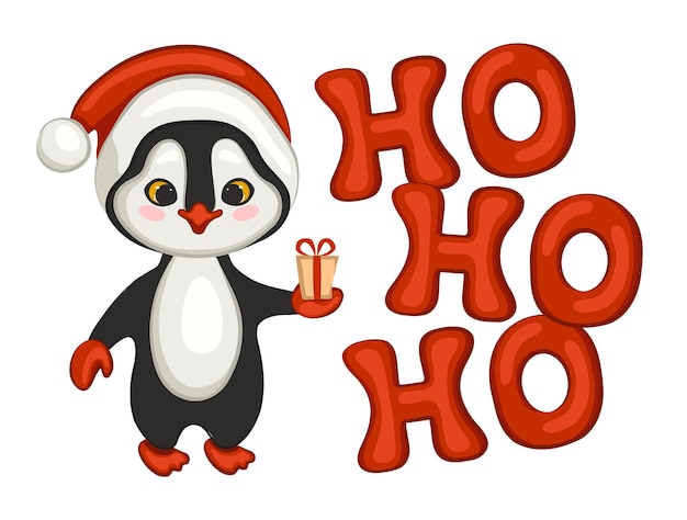 Vetor ho ho ho citação. frase tradicional de natal. pinguim fofo com chapéu de papai noel