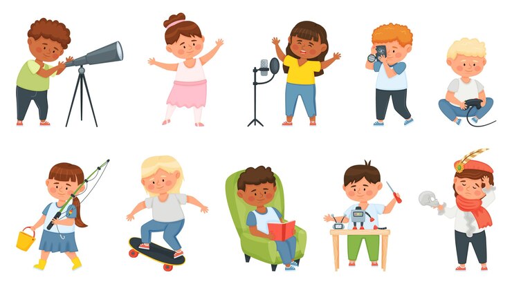 Vetor hobbies de crianças, crianças de desenhos animados fazendo diferentes atividades criativas. personagens infantis cantando, lendo, andando de skate, construindo um conjunto de vetores de robô. meninos e meninas no lazer