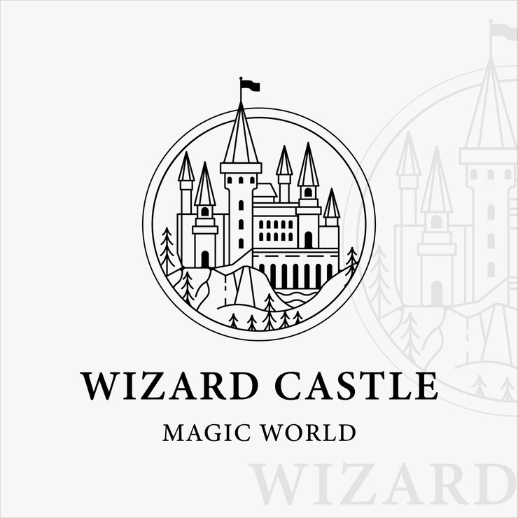 Vetor hogwarts castelo linha arte logotipo vetorial ilustração modelo ícone design gráfico. imprimir camiseta de roupas harry potter