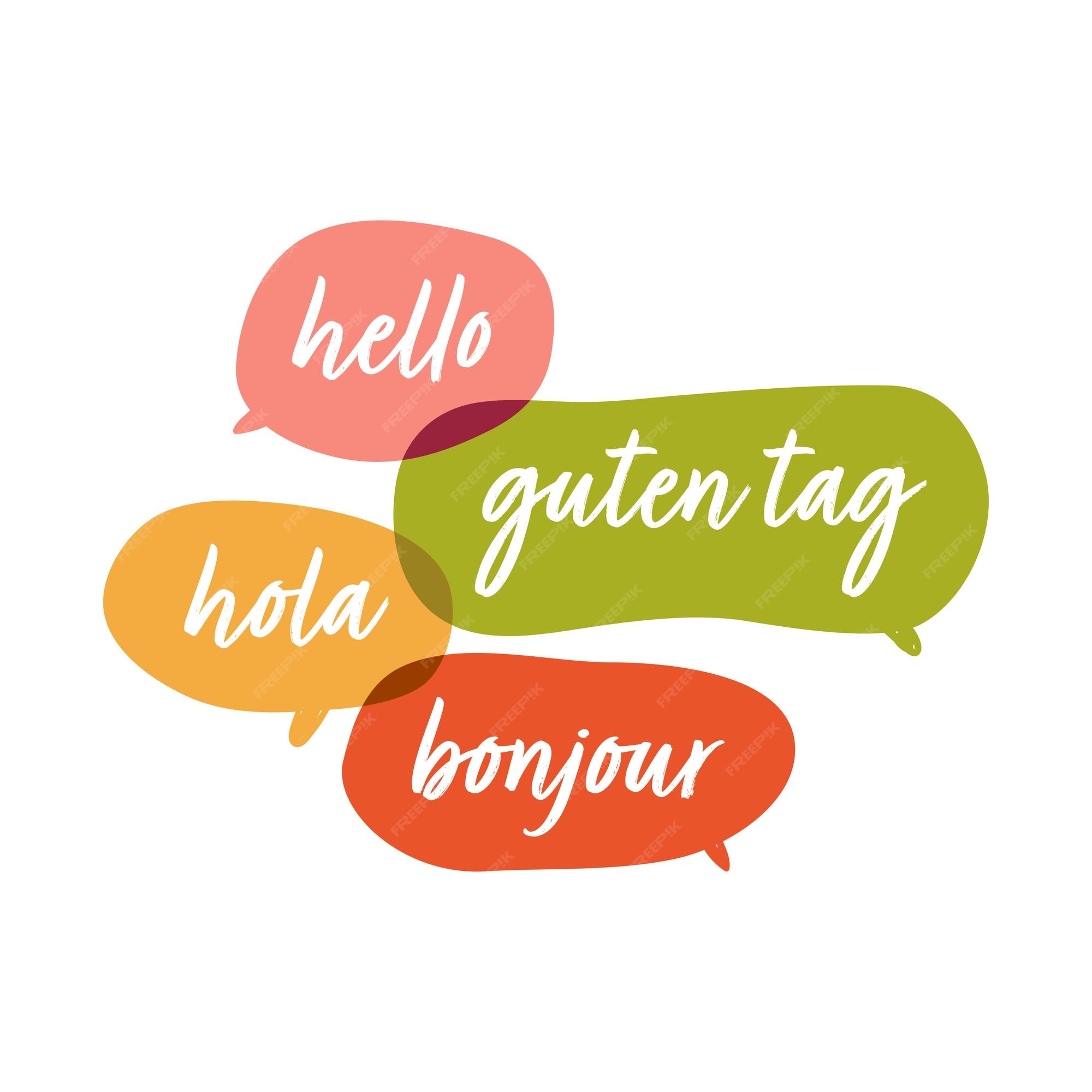 Hola guten tag bonjour olá rede social ou ilustração vetorial de conceito  de tradução bilíngue