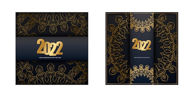 Holiday flyer 2022 feliz natal e feliz ano novo em preto com padrão dourado vintage