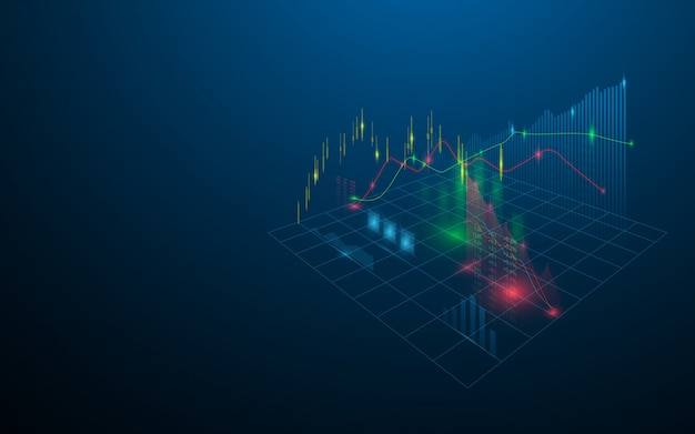 Holograma virtual do mercado de ações de estatísticas, gráfico e gráfico em fundo azul escuro