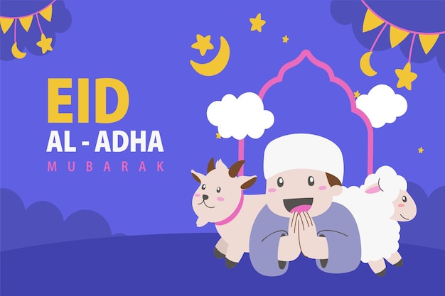 Holy Eid Al Adha Mubarak Cute Banner Cartoon doodle Folheto de saudação islâmico e árabe para o Festival da comunidade muçulmana, vetor de impressão gráfica