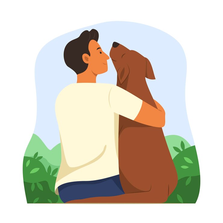 Vetor homem abraçando um cachorro