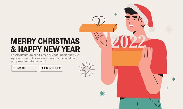 Homem abre uma caixa de presente ou presente com números de ano novo ou 2.022. Banner, site ou página de saudação de ano novo com personagem masculino sorridente feliz celebram as férias de inverno com chapéu de Papai Noel.