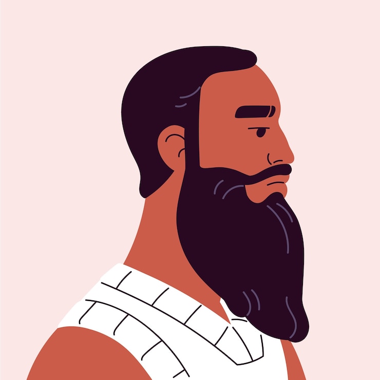 Vetor homem adulto avatar com barba longa zz retrato de forma quadrada de pessoa com bigode para perfil de usuário homem com bigode tem expressão séria no rosto vista lateral ilustração vetorial isolada plana