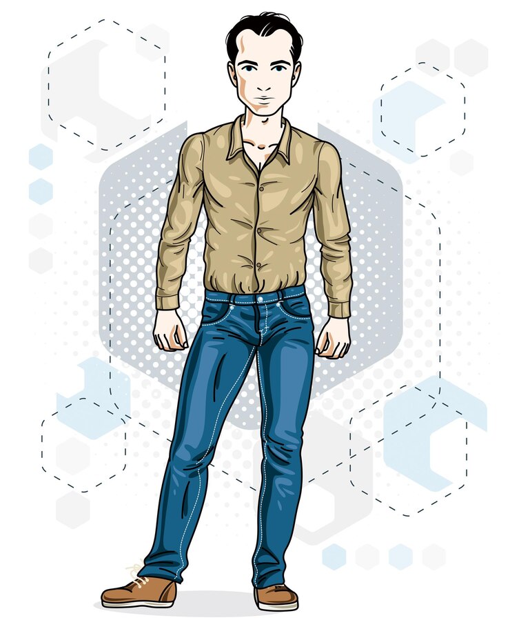 Vetor homem adulto jovem morena feliz em pé. personagem vetorial vestindo roupas casuais como jeans e camisa de algodão.