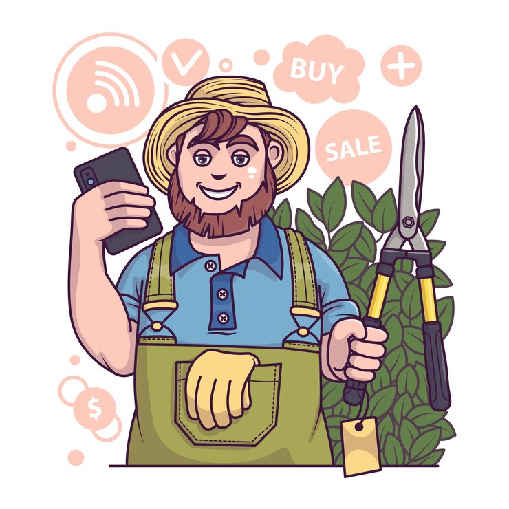 Vetor homem adulto segurando podador e selecionando instrumentos comprando ferramentas para jardineiro
