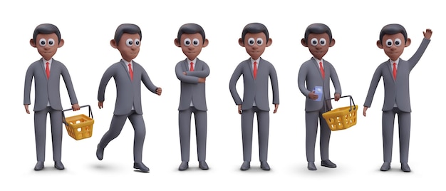 Homem africano de fato de escritório Homem de negócios de pele escura em diferentes poses