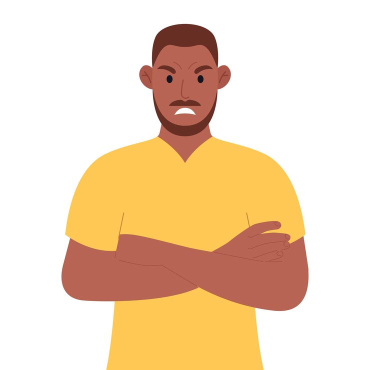 Vetor homem africano infeliz em camiseta amarela com ilustração de vetor de raiva cruzada de braços