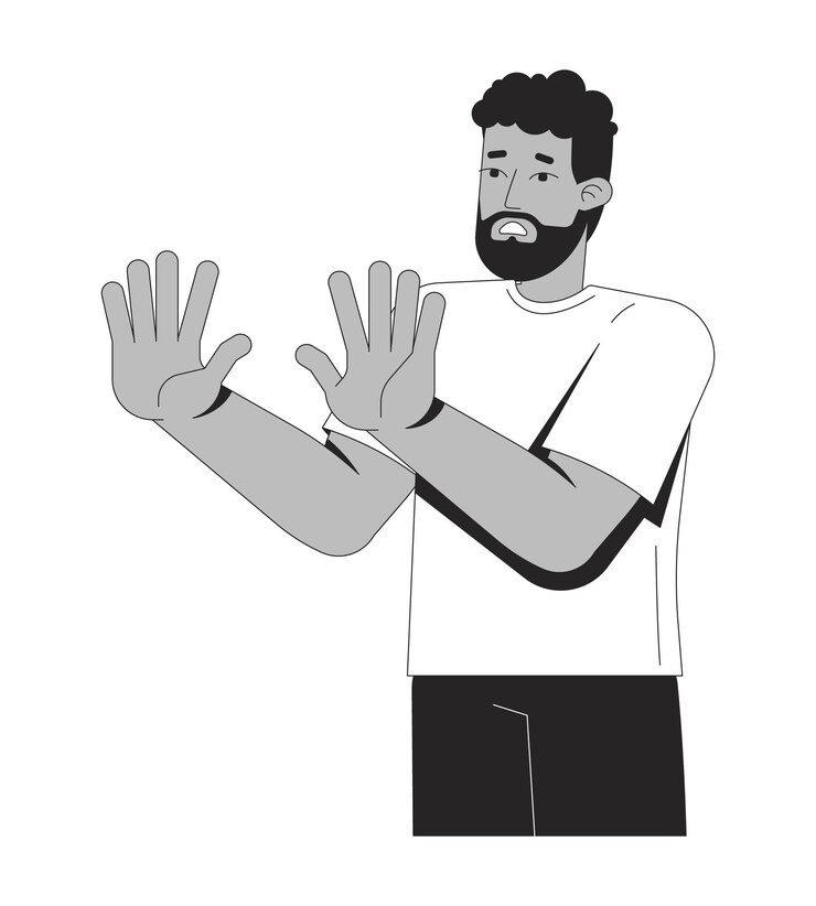 Vetor homem afro-americano rejeitando com as mãos segurando um personagem de linha 2d