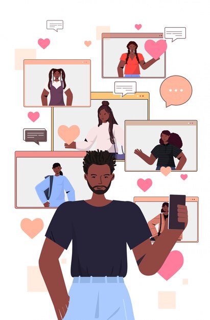 Homem afro-americano usando smartphone conversando no aplicativo de namoro on-line com homens no navegador web janelas relacionamento social comunicação conceito ilustração vertical