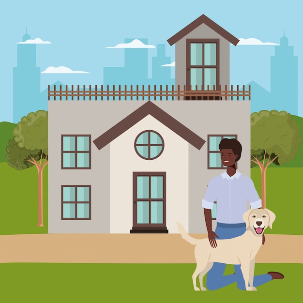 Vetor homem afro, levantamento de mascote de cachorro na casa ao ar livre
