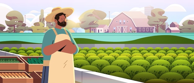 homem agricultor em pé perto de plantação agricultura agricultura feliz dia do trabalho celebração conceito ilustração vetorial horizontal
