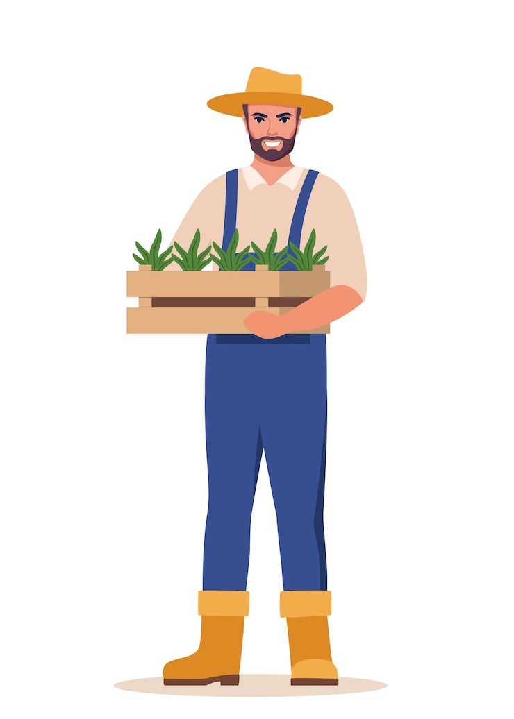 Vetor homem agricultor segurando caixa com mudas nas mãos trabalho agrícola jardinagem trabalhador agrícola