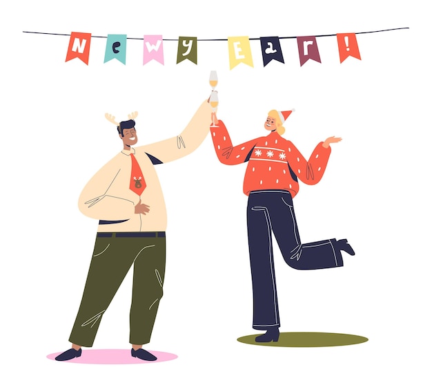 Homem alegre e mulher dançando na festa corporativa de ano novo. colegas de trabalho felizes comemorando o natal