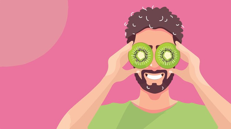 Vetor homem alegre escondendo os olhos com fatias frescas de kiwi em fundo rosa