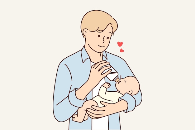 Homem alimenta bebê recém-nascido experimentando amor paternal pelo bebê pelo conceito de paternidade igual