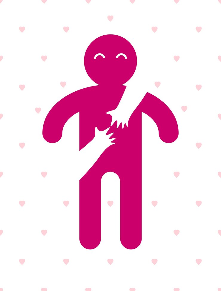 Vetor homem amado com as mãos cuidadosas de uma mulher amante abraçando-o por trás, logotipo do ícone vetorial ou ilustração em estilo simbólico simplista.