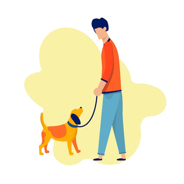 Homem andando com cachorro ao longo da ilustração dos desenhos animados