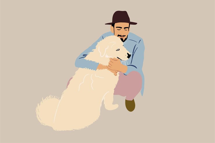 Vetor homem andando com um grande cachorro branco