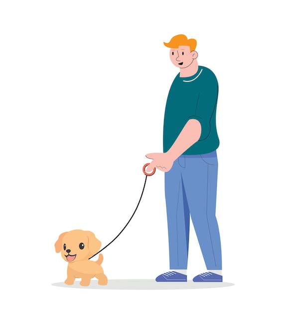 Homem andando com uma ilustração vetorial de cachorro