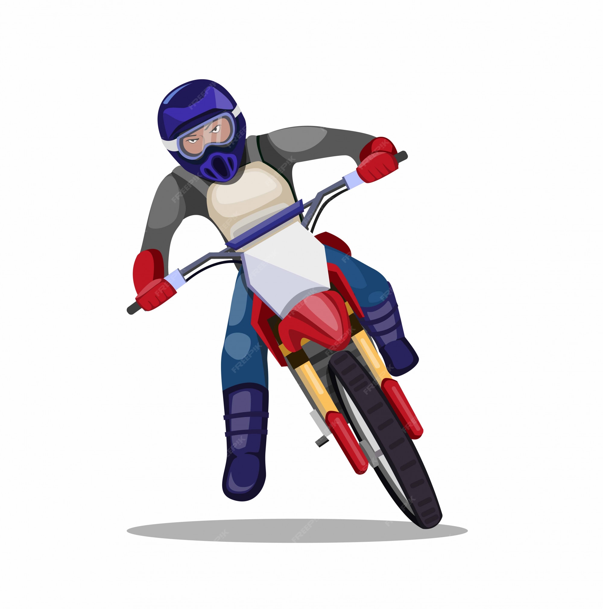 Homem andando de bicicleta de sujeira de motocross, trilha de moto piloto  nas curvas na ilustração plana dos desenhos animados, isolada no fundo  branco