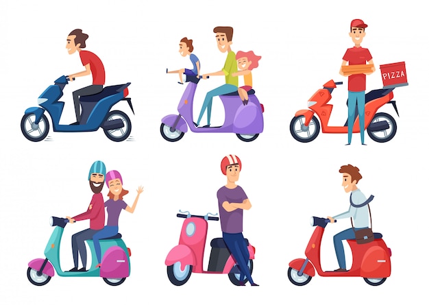Homem andar de moto. Scooter de bicicleta rápida para entrega pizza ou comida viajantes casal dirigindo ciclomotor