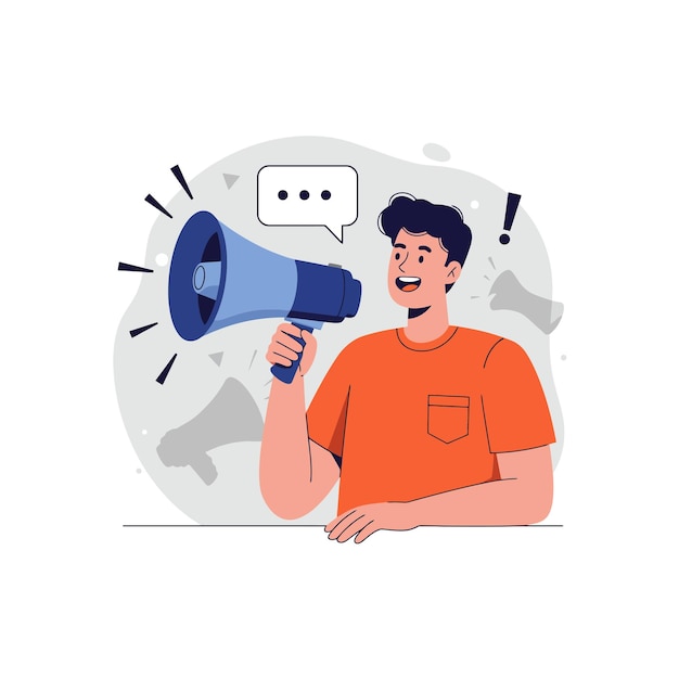 Homem anunciando com uma ilustração de megafone