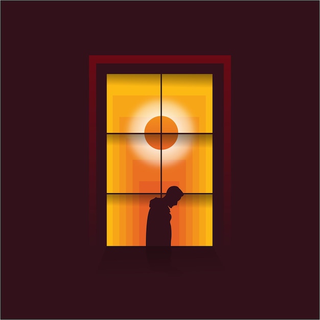 Homem ao lado da ilustração da silhueta do nascer do sol da janela