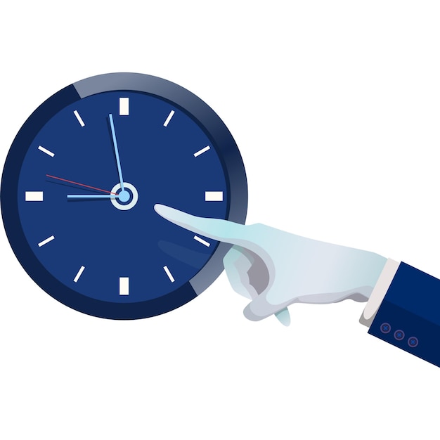 Vetor homem apontando a hora no ícone do vetor do relógio pressa tardia e ponto de prazo de trabalho