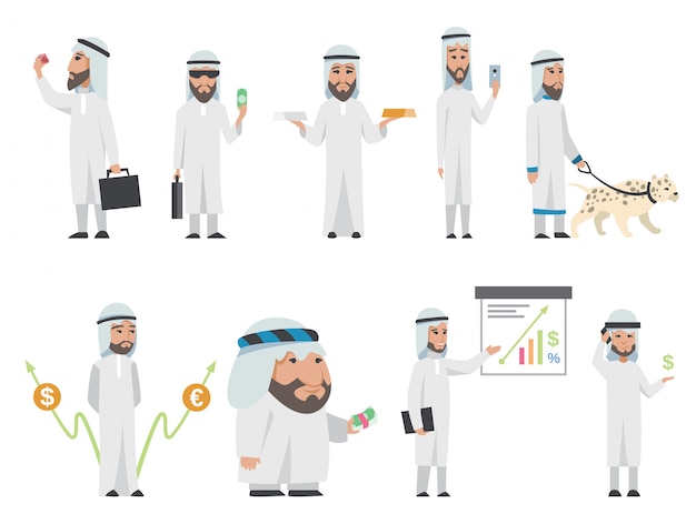 Homem árabe bem sucedido em roupas brancas. cartoon sorrindo empresário islâmico, vestido com roupas tradicionais. homem com gráficos, animal, saco, smartphone, ouro-prata, diamante, dólar, euro