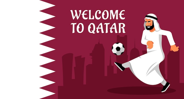 Vetor homem árabe com bola de futebol no fundo da bandeira do qatar