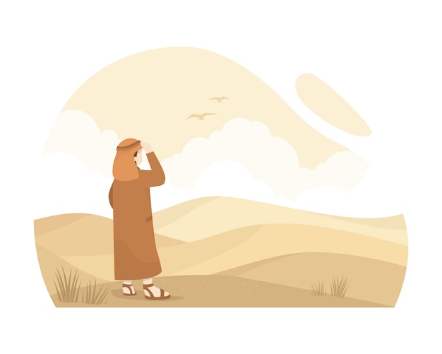 Homem árabe de pé no meio do deserto sozinho ilustração