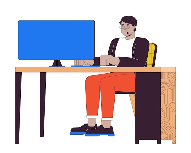 Homem árabe de tamanho maior no computador personagem de desenho animado linear 2D