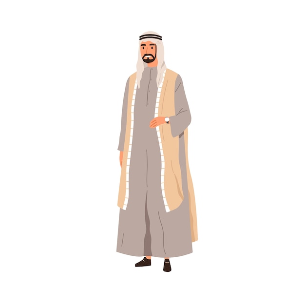 Homem árabe muçulmano vestindo roupas tradicionais, thobe, colete e chapelaria. pessoa árabe na túnica e keffiyeh. macho oriental em roupas nacionais. ilustração em vetor plana isolada no fundo branco