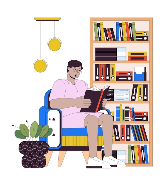 homem árabe obeso lendo livro em casa linha desenho animado ilustração plana