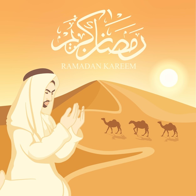 Homem árabe rezando na paisagem de sobremesa com banner de cartaz de caligrafia ramadan kareem