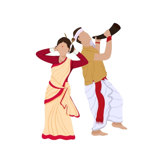 Homem Assamese Tocando Instrumento Pepa E Mulher Dançando No Fundo Branco.