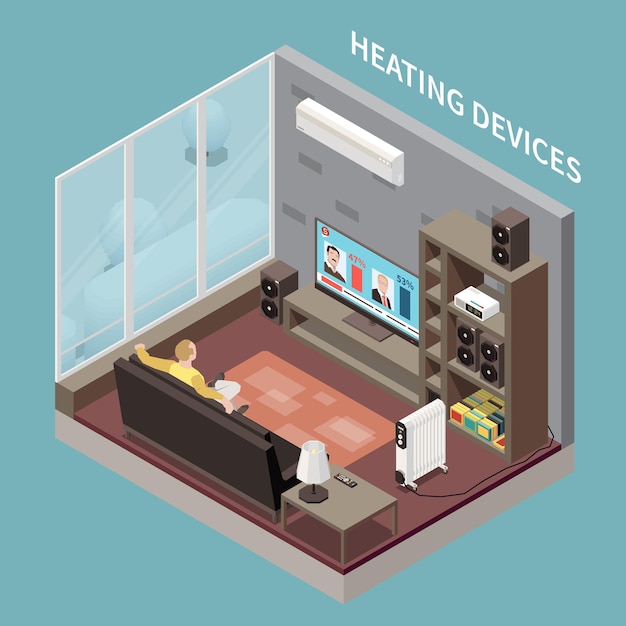 Homem assistindo tv na sala de estar com dispositivos de aquecimento, ar-condicionado e radiador, ilustração isométrica