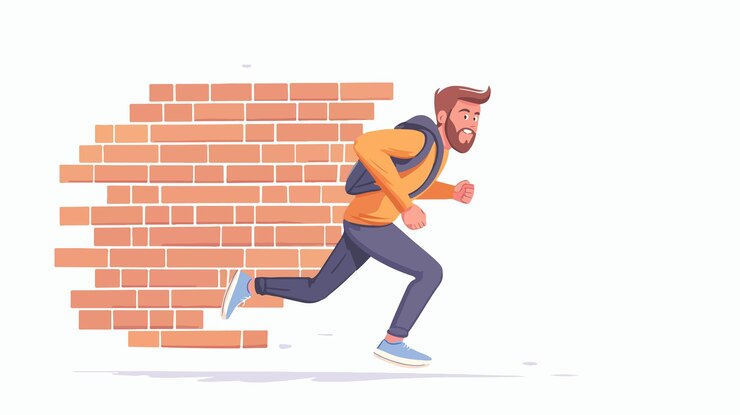 Vetor homem atlético a correr em frente a uma parede de tijolos